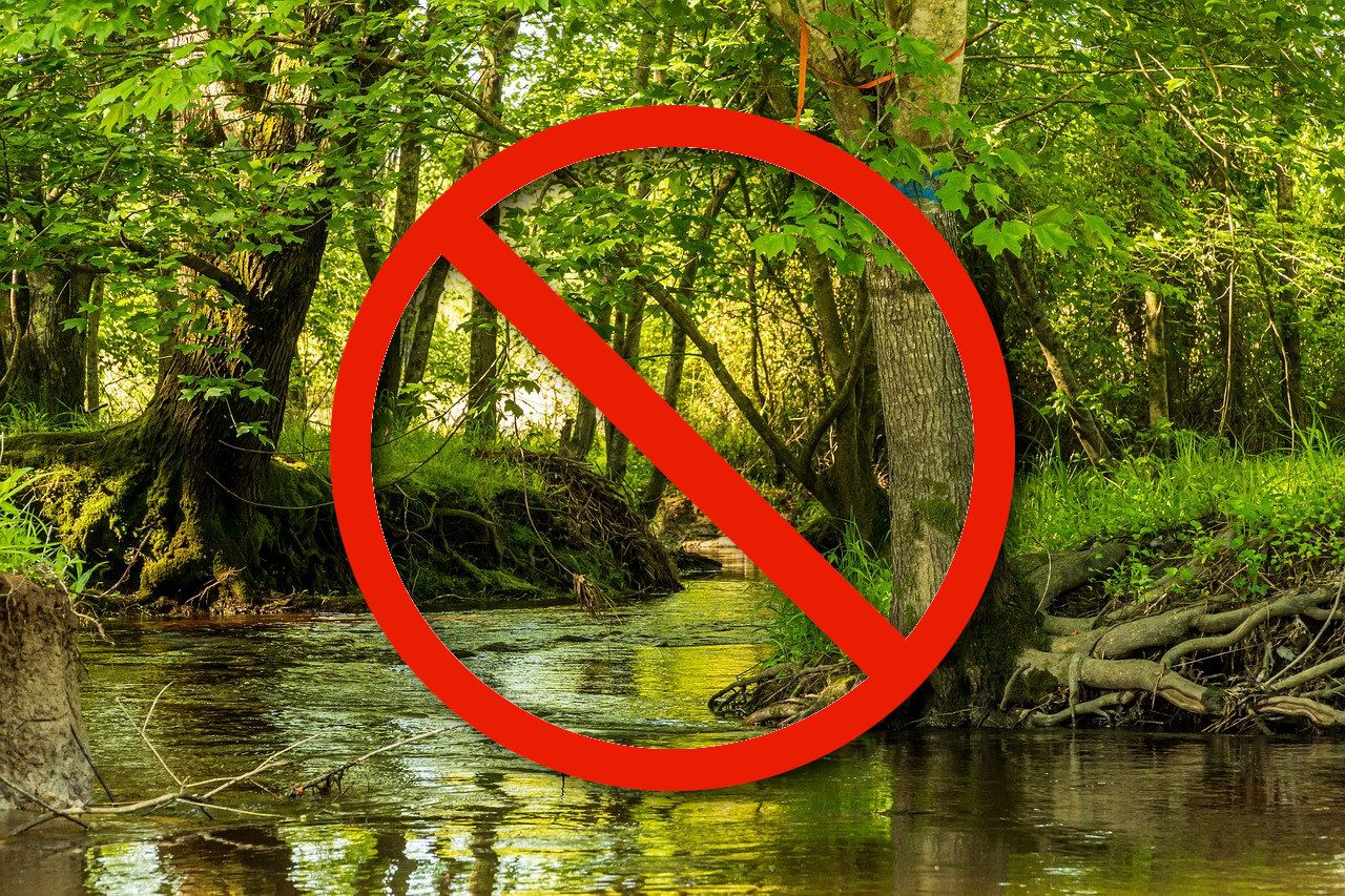 image of a river in the woods with a red crossed out circle overtop